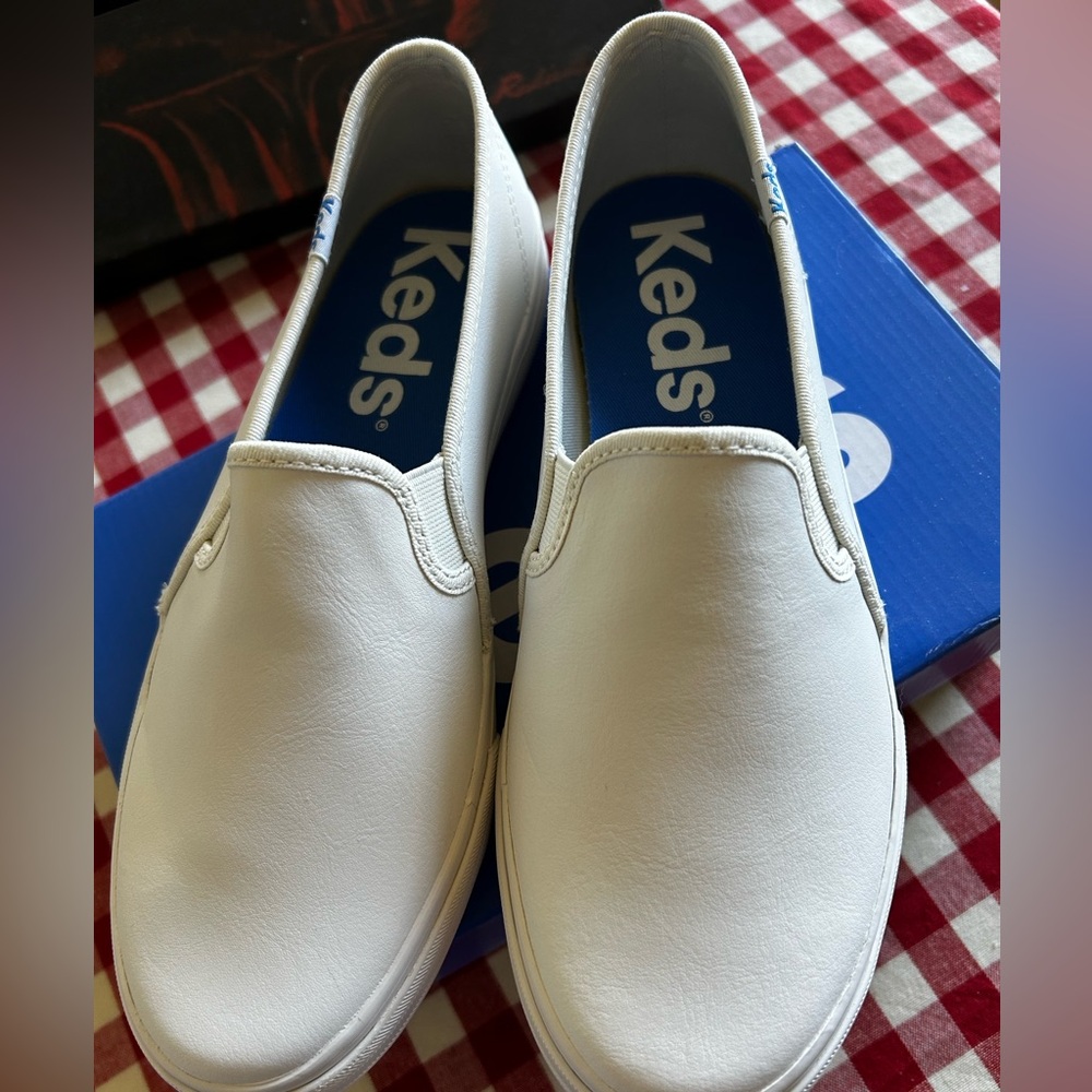 Keds White Slip-On Sneakers with Blue Insole
